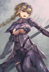 Rule 34 | 1girl, absurdres, armor, armored dress, black thighhighs, blonde hair, braid, breasts, chain, cowboy shot, fate/apocrypha, fate (series), faulds, fur trim, gauntlets, headpiece, highres, hoshibudou, jeanne d&#039;arc (fate), jeanne d&#039;arc (ruler) (fate), large breasts, long hair, open mouth, purple eyes, single braid, solo, thighhighs, torn clothes