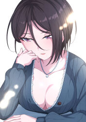 Rule 34 | 1girl, asymmetrical hair, bang dream!, black hair, blush, breasts, cleavage, hair between eyes, hand rest, highres, jewelry, kitayu, large breasts, lipstick, long sleeves, looking at viewer, makeup, necklace, open mouth, pink eyes, short hair, simple background, single sidelock, smile, solo, unbuttoned, upper body, white background, yashio rui