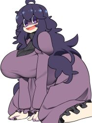 Rule 34 | 1girl, @ @, ahoge, bellupup, black nail polish, black nails, breasts, creatures (company), dress, game freak, hex maniac (pokemon), highres, huge breasts, kneeling, long hair, long sleeves, looking at viewer, messy hair, nail polish, nintendo, open mouth, pokemon, pokemon xy, purple dress, purple hair, simple background, smile, solo, sweater, turtleneck, turtleneck sweater, white background