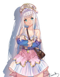 Rule 34 | 1girl, absurdres, aqua eyes, artist name, atelier (series), atelier lulua, bag, bare shoulders, blue sleeves, breasts, cleavage, collarbone, commentary, cowboy shot, detached sleeves, dress, elmerulia fryxell, english commentary, frilled hat, frills, handbag, hat, highres, layered dress, long hair, long sleeves, looking at viewer, medium breasts, multicolored clothes, multicolored dress, shoulder bag, sidelocks, silver hair, simple background, solo, straight hair, v-shaped eyebrows, very long hair, vierzeck, white background, white hat