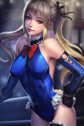 Rule 34 | 1girl, azhang, bare shoulders, blonde hair, blue eyes, blue leotard, blue one-piece swimsuit, bow, breasts, closed mouth, commentary, covered navel, dead or alive, dead or alive 5, frilled leotard, frills, gloves, hand on own hip, highres, leotard, lips, long hair, looking at viewer, marie rose, medium breasts, o-ring, one-piece swimsuit, red bow, shiny clothes, simple background, sleeveless, solo, swimsuit, thigh strap, thighs, twintails