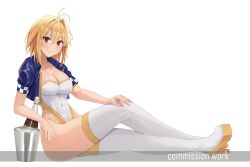 Rule 34 | 1girl, alcohol, arcueid brunestud, blonde hair, blue jacket, bucket, champagne, commission, cropped jacket, full body, hair intakes, highleg, highleg leotard, highres, jacket, leotard, open clothes, open jacket, race queen, red eyes, short hair, simple background, sitting, skeb commission, smodzz998, solo, thighhighs, tsukihime, white background, white leotard, white thighhighs