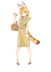 Rule 34 | 0nanaten, 1girl, :3, absurdres, alternate costume, animal ears, bag, black footwear, blonde hair, blush, bow, bow skirt, brown hair, cat ears, cat girl, cat tail, cellphone, commentary request, extra ears, frilled sleeves, frills, green shirt, handbag, highres, kemono friends, multicolored hair, name tag, office lady, pencil skirt, phone, print bow, serval (kemono friends), serval print, shirt, short hair, short sleeves, skirt, smartphone, solo, tail, watch, yellow eyes, yellow skirt