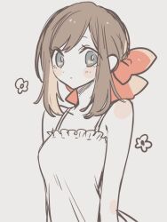 Rule 34 | 1girl, blue eyes, blush stickers, bow, brown hair, dress, expressionless, flower, hair bow, looking to the side, maco22, original, sketch, sleeveless, sleeveless dress, solo