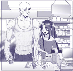 Rule 34 | 1boy, 1girl, asymmetrical hair, bad id, bad pixiv id, bag, bald, bare shoulders, black sclera, breasts, casual, collarbone, colored sclera, facial hair, fate/grand order, fate (series), goatee, hair rings, handbag, height difference, monochrome, musashibo benkei (fate), muscular, off-shoulder shirt, off shoulder, open mouth, purple theme, rokkotsu, shirt, shop, shopping, small breasts, tank top, thick eyebrows, twintails, ushiwakamaru (fate), veins