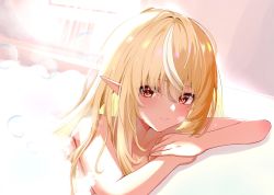 Rule 34 | 1girl, alternate hairstyle, arm rest, bath, bathing, bathtub, blonde hair, blush, bubble, bubble bath, closed mouth, commentary, dark-skinned female, dark skin, hair between eyes, hair down, hair intakes, highres, hololive, long hair, looking at viewer, multicolored hair, oniku (o29sukizero), own hands together, pointy ears, red eyes, shiranui flare, smile, solo, topless, two-tone hair, upper body, virtual youtuber, white hair