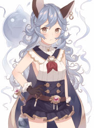 Rule 34 | 10s, 1girl, animal ears, blue hair, breasts, brown eyes, rabbit ears, cape, earrings, erune, ferry (granblue fantasy), gloves, granblue fantasy, jewelry, long hair, looking at viewer, nagitoki, simple background, sleeveless, small breasts, solo