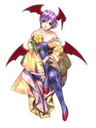 Rule 34 | 1girl, animal print, bare shoulders, bat print, bat wings, blue pantyhose, breasts, capcom, cleavage, demon girl, dress, flat chest, flower, hair between eyes, head tilt, head wings, high heels, japanese clothes, kimono, leg lift, light smile, lilith aensland, lips, looking at viewer, off shoulder, official art, onimusha soul, pantyhose, parted bangs, patterned legwear, print dress, print kimono, print pantyhose, purple hair, red eyes, red footwear, red heels, shiny clothes, shoes, short hair, sitting, smile, solo, vampire (game), wide sleeves, wings