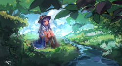 Rule 34 | 1girl, black hat, blue hair, food, forest, fruit, grass, hat, highres, hinanawi tenshi, hugging own legs, myero, nature, peach, puffy short sleeves, puffy sleeves, red eyes, river, scenery, shirt, short sleeves, sitting, skirt, smile, solo, touhou, tree