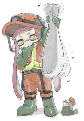 Rule 34 | 1girl, afterimage, animal, arm up, blunt bangs, boots, bulging eyes, closed mouth, commentary, fish, full body, gloves, green footwear, green gloves, hand on own chin, hand up, hard hat, headset, helmet, high-visibility vest, highres, holding, holding animal, holding fish, hossi, inkling, inkling girl, inkling player character, long hair, long sleeves, looking at animal, mining helmet, motion lines, nintendo, orange pants, pants, pink hair, sacabambaspis, salmonid, simple background, smallfry (splatoon), solo, splatoon (series), standing, tentacle hair, triangle mouth, twintails, white background, work boots, yellow eyes