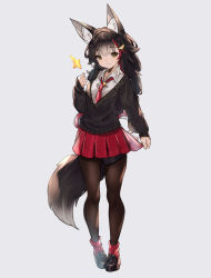 Rule 34 | 1girl, adapted costume, alternate costume, animal ear fluff, animal ears, black footwear, black hair, black pantyhose, black sweater, breasts, closed mouth, collared shirt, commentary, dress shirt, eyelashes, full body, grey background, hair between eyes, hair ornament, highres, hololive, long hair, long sleeves, looking at viewer, majo (pastamajo), medium breasts, miniskirt, multicolored hair, necktie, ookami mio, pantyhose, pantyhose under socks, pleated skirt, red hair, red necktie, red skirt, red socks, school uniform, shirt, shoes, simple background, skirt, sleeves past wrists, smile, socks, socks over pantyhose, solo, standing, star (symbol), streaked hair, sweater, tail, tail wrap, two-tone hair, virtual youtuber, white shirt, wing collar, wolf ears, wolf tail, yellow eyes