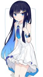 Rule 34 | 1girl, arm at side, black hair, blue eyes, blue hair, blue ribbon, blush, breasts, brooch, buttons, cevio, closed mouth, collared dress, colored inner hair, commentary request, cropped legs, dress, floating hair, futaba minato, gradient neck ribbon, hair ornament, hairclip, hand up, highres, jewelry, layered dress, leaning forward, long hair, looking at viewer, multicolored hair, ribbon, single sidelock, sleeveless, sleeveless dress, small breasts, smartwatch, smile, solo, sparkling eyes, subaritsuku, watch, white background, white dress, wristwatch