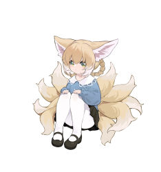 Rule 34 | 1girl, absurdres, animal ears, arknights, black footwear, black skirt, blue shirt, braid, braided hair rings, closed mouth, collared shirt, commentary request, dress shirt, fox ears, fox girl, fox tail, full body, green eyes, hair between eyes, hair rings, highres, kitsune, knees up, kyuubi, light brown hair, long sleeves, looking at viewer, multicolored hair, multiple tails, pantyhose, pleated skirt, puffy long sleeves, puffy sleeves, shio (shiofeifei), shirt, shoes, simple background, sitting, skirt, sleeves past wrists, solo, suzuran (arknights), tail, twin braids, two-tone hair, white background, white hair, white pantyhose
