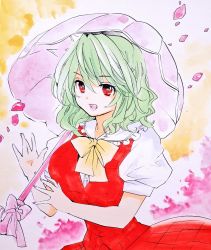 Rule 34 | 1girl, :d, bow, bowtie, breasts, commentary request, frilled shirt collar, frills, green hair, hair between eyes, hand up, holding, holding umbrella, kazami yuuka, large breasts, looking at viewer, marker (medium), matsuppoi, medium hair, multicolored background, nail polish, open mouth, petals, pink nails, plaid, plaid skirt, plaid vest, puffy short sleeves, puffy sleeves, red eyes, red skirt, red vest, short sleeves, simple background, skirt, skirt set, smile, solo, touhou, traditional media, umbrella, vest, wavy hair, white background, yellow bow, yellow bowtie, ||/