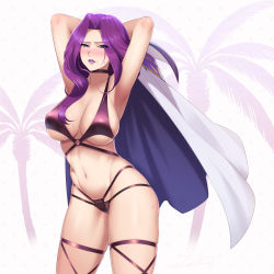 Rule 34 | 1girl, absurdres, armpits, arms up, bikini, blush, breasts, cleavage, code geass, collarbone, commentary request, cornelia li britannia, cowboy shot, furrowed brow, hair intakes, highres, large breasts, lips, lipstick, looking at viewer, makeup, navel, nose blush, parted lips, purple bikini, purple eyes, purple hair, purple lips, sawasa, sideboob, simple background, skindentation, solo, sweat, swimsuit, thigh strap, underboob, wavy hair, white background