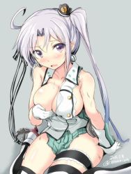 Rule 34 | 10s, 1girl, ahoge, akitsushima (kancolle), blush, breasts, covering privates, covering breasts, dated, gin&#039;ichi (akacia), gloves, grey background, kantai collection, large breasts, long hair, looking at viewer, miniskirt, purple eyes, shirt, side ponytail, simple background, sitting, skirt, solo, sweat, torn clothes, torn shirt, torn skirt, uniform, white gloves