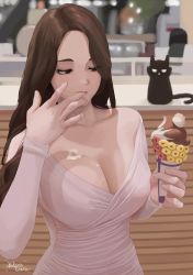 Rule 34 | 1girl, bare shoulders, blurry, blurry background, breasts, brown eyes, brown hair, cat ornament, cleavage, dress, food, highres, ice cream, ice cream cone, ice cream cone spill, large breasts, long hair, looking down, niksoncrazy, original, pink dress
