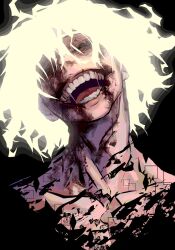 Rule 34 | 1boy, black background, blood, blood from mouth, blood on face, boku no hero academia, closed eyes, glowing, glowing hair, head tilt, highres, laughing, male focus, maskoo185826, open mouth, portrait, saliva, shigaraki tomura, short hair, simple background, solo, teeth, tongue, white hair