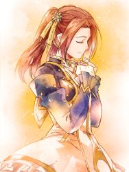 Rule 34 | 1girl, dress, eleanor hume, closed eyes, fingerless gloves, frills, gloves, hair ornament, jacket, long hair, red hair, smile, tales of (series), tales of berseria, twintails