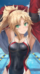 Rule 34 | 1girl, blonde hair, braid, breasts, competition swimsuit, fate/apocrypha, fate (series), french braid, green eyes, highres, jacket, long hair, looking at viewer, mordred (fate), mordred (fate/apocrypha), one-piece swimsuit, parted bangs, ponytail, sidelocks, small breasts, smile, solo, swimsuit, tonee