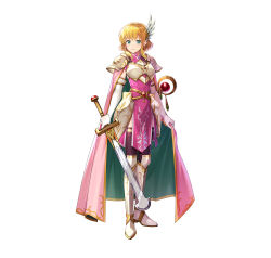 Rule 34 | 1girl, absurdres, armor, artist request, black thighhighs, blonde hair, blue eyes, breastplate, cape, commentary request, dress, elbow gloves, fire emblem, fire emblem: thracia 776, fire emblem heroes, full body, gloves, greaves, highres, holding, holding sword, holding weapon, looking at viewer, nanna (fire emblem), nintendo, official art, pauldrons, pink cape, pink dress, short hair, shoulder armor, simple background, smile, solo, standing, sword, thighhighs, weapon, white armor, white background, white gloves, wing hair ornament