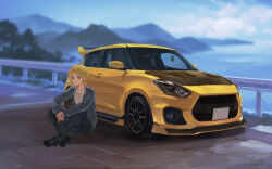 Rule 34 | 1girl, ankle boots, black footwear, black pants, blonde hair, boots, car, commentary request, grey jacket, guard rail, highres, jacket, license plate, long sleeves, momo hiki, motor vehicle, mountainous horizon, open clothes, open jacket, original, outdoors, pants, road, shirt, sitting, solo, spoiler (automobile), vehicle focus, vehicle request, white shirt, yellow eyes