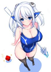 Rule 34 | 1girl, bare shoulders, black thighhighs, blue eyes, breasts, character request, cleavage, collarbone, competition swimsuit, groin, hair ornament, huge breasts, long hair, minamon (vittel221), one-piece swimsuit, phantasy star, phantasy star online 2, simple background, smile, solo, swimsuit, thighhighs, weapon, white background, white hair, wide hips