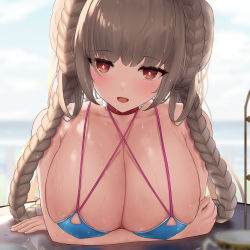 Rule 34 | 1girl, arms under breasts, azur lane, bikini, blue bikini, braid, braided bun, breast rest, breasts, cleavage, covered erect nipples, criss-cross halter, day, double bun, formidable (azur lane), formidable (the lady of the beach) (azur lane), hair bun, halterneck, highres, huge breasts, light brown hair, long hair, multi-strapped bikini top, n9at, official alternate costume, outdoors, red eyes, swimsuit, twin braids, upper body