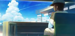 Rule 34 | 1girl, baseball cap, black hair, blue hat, blue shirt, cloud, commentary request, day, from behind, hat, hololive, hot kakigoori, interlocked fingers, layered sleeves, long sleeves, looking away, oozora subaru, outdoors, pants, profile, shirt, short over long sleeves, short sleeves, sitting, solo, virtual youtuber, white pants, white shirt