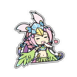 Rule 34 | 1girl, armlet, bare shoulders, blue hair, blush stickers, carol (clover theater), chinese commentary, clover theater, commentary request, dlrs93, eating, closed eyes, feather hair ornament, feathered wings, feathers, fork, green feathers, green wings, hair ornament, harpy, headdress, heart, monster girl, multicolored hair, navel, open mouth, pink hair, revealing clothes, simple background, solo, white background, winged arms, wings