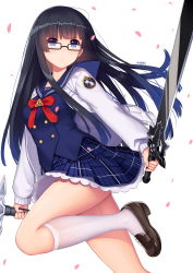 Rule 34 | 1girl, absurdres, allenes, player character (mabinogi), black-framed eyewear, black hair, blue eyes, blue hair, blue sailor collar, blue shirt, blue skirt, blush, bow, brown footwear, cardigan, closed mouth, commentary request, dual wielding, fingernails, glasses, gradient hair, highres, holding, holding sword, holding weapon, kneehighs, loafers, long hair, long sleeves, looking at viewer, mabinogi, multicolored hair, open cardigan, open clothes, original, petals, plaid, plaid skirt, pleated skirt, red bow, sailor collar, school uniform, serafuku, shirt, shoes, simple background, skirt, sleeves past wrists, socks, solo, standing, standing on one leg, sword, sword art online, very long hair, weapon, white background, white cardigan, white socks