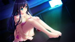 Rule 34 | 1girl, barefoot, bed, blush, breast press, breasts, cleavage, computer, cuffs, feet, game cg, green eyes, harvest overray, large breasts, legs, long hair, long shirt, looking away, nironiro, ouno sumi, purple hair, sitting, thighs, toes, usume shirou