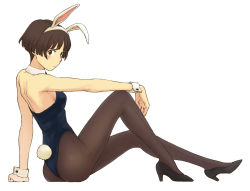 Rule 34 | 00s, 1girl, animal ears, arm support, ass, back, bare back, bare shoulders, blush, bob cut, brown eyes, brown hair, detached collar, face, fake animal ears, female focus, full body, gake no ue no ponyo, high heels, jas (littlecrime), leotard, lisa (ponyo), looking at viewer, looking back, mature female, pantyhose, playboy bunny, rabbit ears, rabbit tail, revision, shoes, short hair, shy, simple background, sitting, solo, tail, white background, wrist cuffs