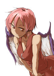 Rule 34 | 1girl, adapted costume, animal ears, bare arms, bare shoulders, bent over, bird wings, breasts, brown dress, brown eyes, cleavage, collarbone, daitoutei, dress, earrings, highres, jewelry, looking at viewer, mystia lorelei, pink hair, short hair, sleeveless, sleeveless dress, smile, solo, touhou, v arms, wings