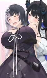Rule 34 | 1girl, absurdres, belt, black belt, black dress, black flower, black gloves, black hair, black horns, blue hair, breasts, byeon dha, chest strap, cleavage, collared shirt, colored inner hair, dress, flower, gloves, grabbing, grabbing another&#039;s breast, grey hair, hair ornament, highres, hololive, hololive english, horn flower, horns, large breasts, long hair, multicolored hair, nerissa ravencroft, nerissa ravencroft (1st costume), one eye closed, open mouth, red eyes, ribbon, shiori novella, shiori novella (1st costume), shirt, split-color hair, strap gap, virtual youtuber, white ribbon, white shirt, yellow eyes, yuri