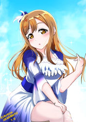 Rule 34 | 1girl, absurdres, artist name, artist request, bare legs, blue dress, blue skirt, blue sky, blush, breasts, brown eyes, brown hair, cloud, dated, day, dreamy color, dreamy color (love live!), dress, feather dress, feather hair ornament, feathers, female focus, frilled dress, frills, hair between eyes, hair ornament, hand on own knee, highres, kunikida hanamaru, layered skirt, light brown hair, long hair, long sleeves, looking at viewer, love live!, love live! school idol festival, love live! sunshine!!, miniskirt, outdoors, parted lips, plaid, plaid dress, plaid skirt, playing with own hair, pleated, pleated dress, pleated skirt, pom pom (clothes), pom pom hair ornament, sitting, skirt, sky, smile, solo, white dress, white feathers, yellow eyes