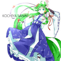 Rule 34 | 1girl, adapted costume, bare shoulders, bridal gauntlets, character name, detached sleeves, female focus, flower, frog hair ornament, green eyes, green hair, hair flower, hair ornament, hayaneko (ceceragi), japanese clothes, kochiya sanae, long hair, matching hair/eyes, miko, ofuda, snake hair ornament, solo, thesanaelove, touhou, very long hair, white background
