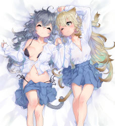 Rule 34 | 2girls, absurdres, animal ears, barefoot, blonde hair, bra, breasts, cat ears, cleavage, collarbone, collared shirt, dress shirt, closed eyes, eyes visible through hair, green eyes, grey hair, hair between eyes, hatsuga (dmaigmai), highres, huge filesize, interlocked fingers, long hair, looking at another, looking to the side, lying, midriff, multiple girls, navel, one eye closed, open bra, open clothes, open mouth, original, panties, panty pull, pleated skirt, shirt, side-tie panties, sidelocks, skirt, small breasts, unbuttoned, unbuttoned shirt, underwear, uniform, yuri