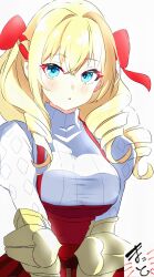 Rule 34 | 1girl, absurdres, blonde hair, blue eyes, blush, bow, commentary request, dress, drill hair, eyelashes, hair between eyes, hair intakes, hair ribbon, highres, looking at viewer, makoto x, red bow, red dress, ribbon, ringlets, scarlett (unicorn overlord), solo, unicorn overlord, upper body, white background