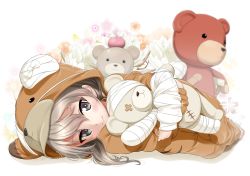 Rule 34 | 10s, 1girl, absurdres, animal costume, bandages, bear costume, blurry, blurry background, boko (girls und panzer), brown eyes, closed mouth, commentary request, floral background, girls und panzer, highres, holding, holding stuffed toy, light brown hair, looking at viewer, lying, on side, onesie, pajamas, shiina excel, shimada arisu, short hair, smile, solo, sparkle, stuffed animal, stuffed toy, teddy bear