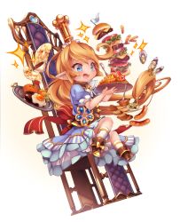 Rule 34 | 1girl, :d, apron, blonde hair, blue eyes, burger, chair, charlotta (granblue fantasy), commentary request, crown, cup, dress, food, fork, french fries, full body, granblue fantasy, harvin, highres, holding, ketchup, long hair, n:go, omelet, omurice, open mouth, pancake, plate, pointy ears, puffy short sleeves, puffy sleeves, short sleeves, smile, solo, sparkle, spoon, striped, tray, waist apron