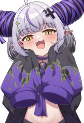 Rule 34 | 1girl, absurdres, ahoge, blush, choker, commentary, crescent, crescent hair ornament, cropped shirt, cross hair ornament, demon girl, demon horns, ear piercing, fangs, grey hair, hair ornament, hands on own cheeks, hands on own face, hands up, hashira 14, highres, hololive, horns, la+ darknesss, la+ darknesss (casual), long sleeves, looking at viewer, medium hair, multicolored hair, necktie, official alternate costume, open clothes, open mouth, piercing, pointy ears, purple choker, purple hair, purple necktie, simple background, sleeves past fingers, sleeves past wrists, smile, solo, sparkle hair ornament, streaked hair, striped horns, upper body, virtual youtuber, white background, yellow eyes