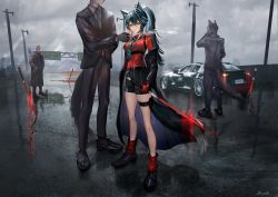 Rule 34 | 1girl, 3boys, absurdres, animal ears, aqua necktie, arknights, black coat, black footwear, black hair, black jacket, black shorts, black suit, boots, breasts, calling, car, coat, collared shirt, commentary, commentary request, formal, full body, gawako, gloves, grey sky, hair between eyes, hands in pockets, highres, highway, holding, holding lighter, holding phone, holding sword, holding weapon, jacket, lamppost, lighter, long hair, long sleeves, looking at viewer, loose necktie, medium breasts, motor vehicle, multiple boys, multiple swords, necktie, off shoulder, official alternate costume, open clothes, open jacket, out of frame, outdoors, phone, planted, planted sword, planted weapon, ponytail, red eyes, red gloves, red shirt, red socks, road, road sign, shirt, shirt tucked in, shoes, shorts, sidelocks, sign, sky, socks, solo focus, striped necktie, suit, sword, tail, texas (arknights), texas (willpower) (arknights), thigh strap, thighs, watch, weapon, white shirt, wolf boy, wolf ears, wolf girl, wolf tail, wristwatch