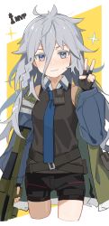 Rule 34 | 1girl, absurdres, black gloves, black shirt, black shorts, blue eyes, blue necktie, blush, breasts, chess piece, closed mouth, commission, cropped legs, fingerless gloves, girls&#039; frontline, gloves, grey hair, gun, h&amp;k xm8, hair between eyes, highres, holding, holding gun, holding weapon, jacket, long hair, messy hair, mvp, necktie, off shoulder, personification, pouch, shirt, shorts, simple background, sleeveless, sleeveless shirt, small breasts, solo, sweat, v, wavy mouth, weapon, xm8 (girls&#039; frontline), yuki hotaru