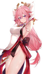Rule 34 | 1girl, armpits, arms up, black leotard, breasts, commentary, cowboy shot, crossed bangs, detached sleeves, genshin impact, highleg, highleg leotard, highres, japanese clothes, large breasts, leotard, long hair, long sleeves, looking at viewer, pink hair, purple eyes, revision, ru zhai, sideboob, simple background, solo, thighs, white background, yae miko
