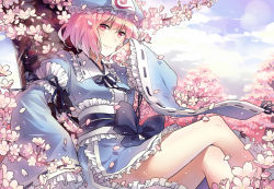Rule 34 | 1girl, blush, body blush, cherry blossoms, crossed legs, female focus, frills, hat, in tree, japanese clothes, legs, looking at viewer, nature, petals, pink eyes, pink hair, pink theme, rella, saigyouji yuyuko, short hair, sitting, sitting in tree, smile, solo, thighs, too many, touhou, tree