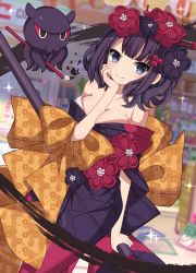Rule 34 | 1girl, absurdres, arm support, bare shoulders, between breasts, black hair, black kimono, blue eyes, blurry, blurry background, bow, breasts, brown bow, calligraphy brush, cleavage, closed mouth, collarbone, depth of field, dutch angle, fate/grand order, fate (series), hair ornament, highres, holding, holding paintbrush, ink, japanese clothes, katsushika hokusai (fate), kimono, octopus, off shoulder, paintbrush, sapphire (sapphire25252), smile, solo, sparkle, unmoving pattern