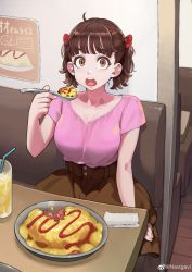 Rule 34 | 1girl, absurdres, ahoge, booth seating, breasts, brown eyes, brown hair, brown skirt, cleavage, cowboy shot, cup, drink, drinking straw, eating, eyelashes, food, hair ribbon, high-waist skirt, highres, holding, holding spoon, jun (navigavi), looking at viewer, medium breasts, miniskirt, omelet, omurice, open mouth, original, pink shirt, plate, red ribbon, restaurant, ribbon, shirt, shirt tucked in, short hair, short sleeves, sitting, skirt, solo, spoon, table, towel, twintails, v-neck, weibo logo, weibo watermark