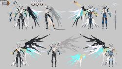 Rule 34 | 1boy, absurdres, chinese commentary, chinese text, closed mouth, concept art, diabolic kevin (honkai impact), grey background, halo, high heels, highres, honkai (series), honkai impact 3rd, juer1004, kevin kaslana, large wings, logo, male focus, official art, pointy ears, simple background, single wing, sword, weapon, white hair, wings
