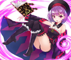 Rule 34 | 1girl, ass, bare shoulders, black thighhighs, book, detached sleeves, fate/grand order, fate (series), hat, helena blavatsky (fate), helena blavatsky (third ascension) (fate), looking at viewer, loose clothes, mhong, panties, pantyshot, purple eyes, purple hair, sefirot, short hair, simple background, solo, strapless, thighhighs, underwear, white background